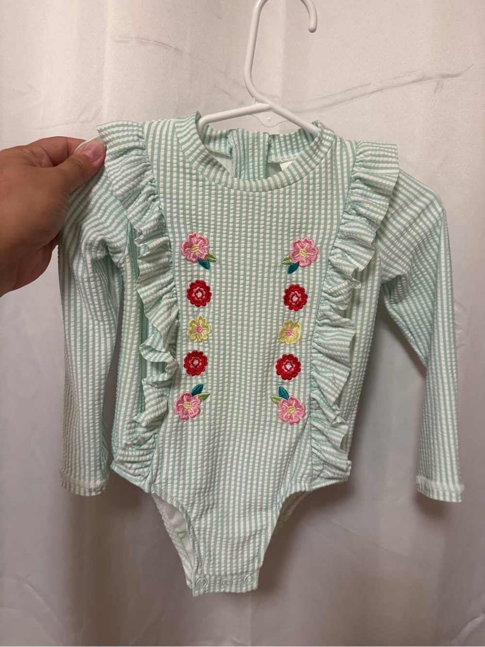 Mint Green Striped Floral Ruffle Long Sleeve swimsuit